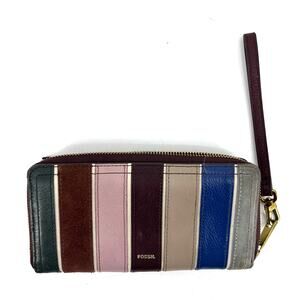 Fossil Logan Purple‎ Multi-Color Striped Zip Around Leather Wallet Wrist Strap